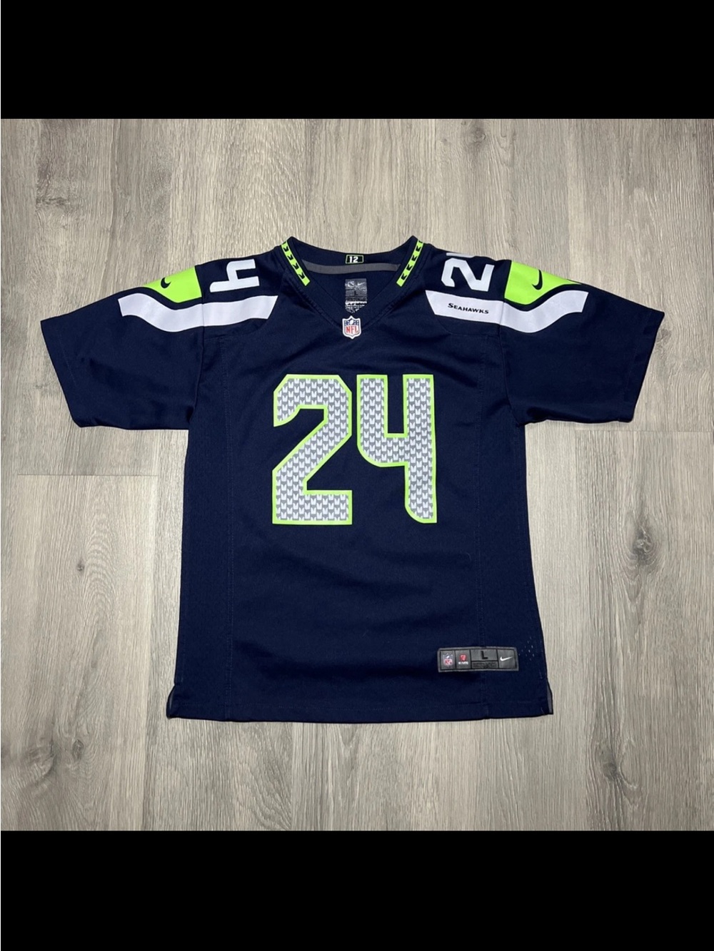 Seattle Seahawks Kids #24 Navy & Neon Green Football Jersey